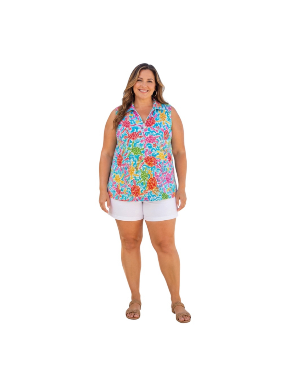 Gottex Lifestyle XL Sea Turtle Print Sleeveless Half Zip Resort Top